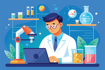 Poster - A researcher in a laboratory setting is analyzing data on a laptop while surrounded by scientific equipment Researcher analyzing data in lab, flat illustration