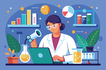 Poster - A researcher examines data on a laptop surrounded by lab equipment, charts, and plants in a bright laboratory Researcher analyzing data in lab, flat illustration