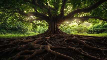 thick branches of chestnut tree, composition from branches to roots