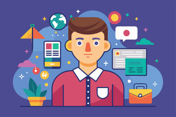 Poster - A customizable character stands amidst vibrant icons representing technology and creativity in a digital landscape Revamp Flat Illustration with Customization