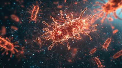 Poster - A vibrant, high-tech visualization of bacteria, showcasing intricate details and glowing elements against a dark background.