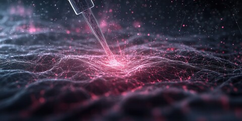 Poster - A close-up view of a pipette injecting a glowing substance into a textured surface, creating a captivating visual of science and innovation.