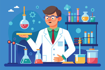 Poster - A scientist is conducting lab tests in a bright laboratory using flasks filled with colorful liquids Scientist conducting lab tests with flasks, scientific research, flat illustration.