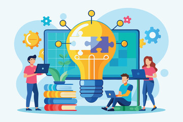 Poster - A group of individuals research online business solutions while collaborating with technology and resources Searching for online business solutions using a jigsaw bulb illustration.