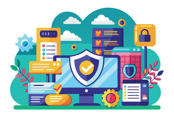 Poster - This colorful flat illustration features various secure technology elements in a digital workspace setup Secure and customizable flat illustration.