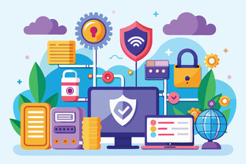 Poster - The visual showcases various elements of cybersecurity, including locks, shields, and servers, in a colorful design Secure and customizable flat illustration.