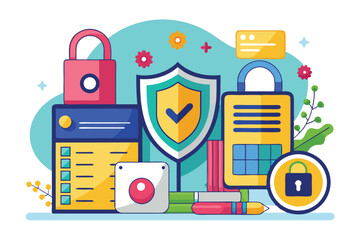 Poster - Stylized security elements showcase customizable locks, a shield, and vibrant design elements for digital safety Secure, customizable, and disproportionate illustration.