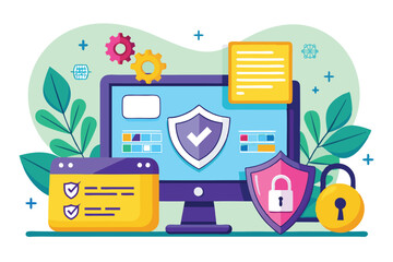Poster - A colorful illustration depicts a computer monitor showcasing secure data input with protective icons and gears Secure computer data input, simple illustration.