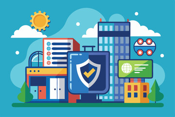 Poster - This colorful illustration showcases city buildings alongside secure technology, emphasizing customization VR Customizable Semi Flat Illustration