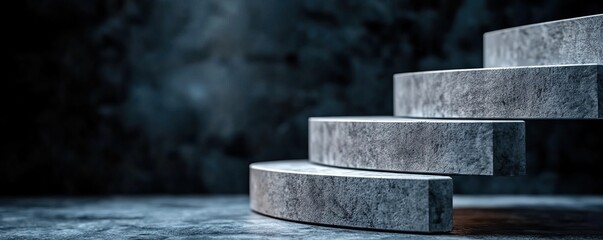 Poster - A close-up view of curved stone stairs, showcasing a textured surface against a dark background, creating a dramatic and modern aesthetic.