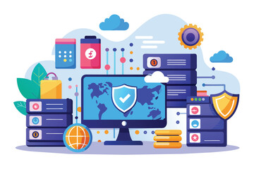 Poster - The illustration depicts secure data storage and web hosting with colorful design elements and a central monitor Secure data storage and web hosting with flat illustrations.