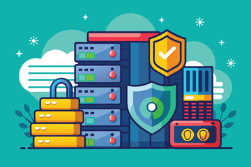 Poster - This illustration showcases a collection of servers and security elements emphasizing secure data storage solutions Secure storage illustration.