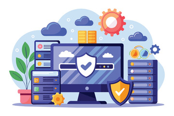 Poster - A vibrant flat illustration showcasing secure web hosting with SSL, featuring servers and protective elements Secure web hosting with SSL and flat illustrations.