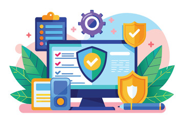 Poster - A colorful illustration depicting secure software elements featuring shields, a computer screen, and icons Secure software illustration
