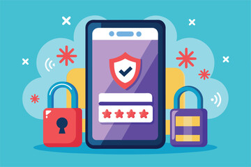 Poster - A smartphone displaying a strong password protection graphic to emphasize secure mobile use Secure your smartphone with a strong password, illustrated in a flat style.