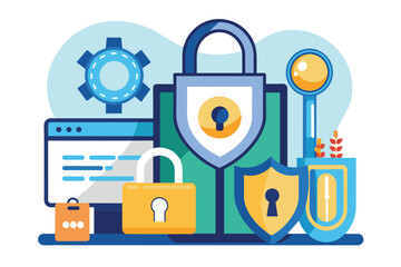 Poster - A comprehensive security system features a closed lock, key data management, and protective shields for safety Security system with closed lock and key, data protection concept, flat illustration.