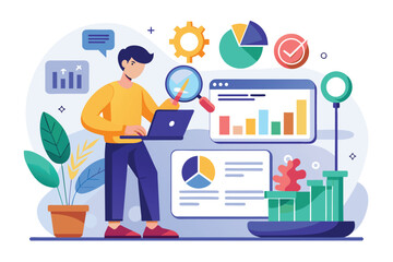 Poster - A person is using a laptop to analyze data, surrounded by various charts and graphs Seeking ideas for data analysis, need a flat illustration.