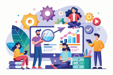 Poster - a diverse group collaborates on seo analytics, exploring data and trends in a vibrant workspace seo 