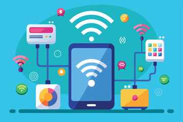 Poster - A flat illustration demonstrating the process of connecting a phone to Wi-Fi networks visually Set up the phone with wi-fi, using a flat illustration.