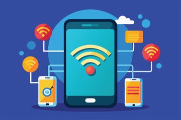 Poster - A flat illustration depicts the process of connecting a smartphone to Wi-Fi using icons and signals Set up the phone with wi-fi, using a flat illustration.