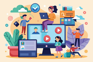 Poster - a group of small characters enthusiastically uses computers to play multiplayer games in a lively se