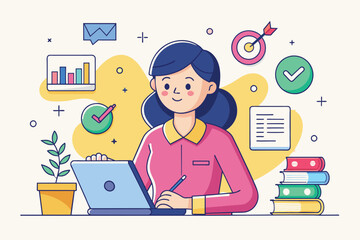 Poster - a woman sits at her desk writing business guidelines while using a laptop, surrounded by charts and 