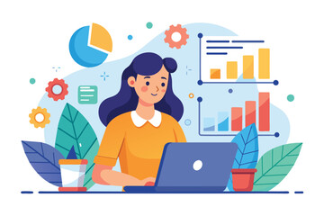 Poster - A small woman focuses on analyzing business data on her laptop surrounded by charts and plants Small woman using laptop to analyze business data, flat illustration.