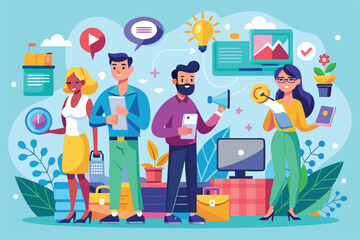Poster - A vibrant illustration depicts social marketing workers actively collaborating and sharing ideas Social marketing workers in a flat illustration