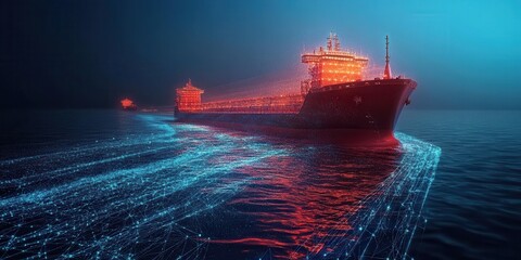Poster - A vibrant, illuminated cargo ship sails through dark waters, leaving a trail of blue light, creating a striking contrast against a misty backdrop.