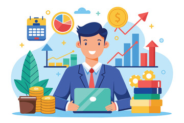 Poster - A stock investment entrepreneur is engaged in market analysis, utilizing charts and graphs Stock investment entrepreneur management strategy, simplified illustration.