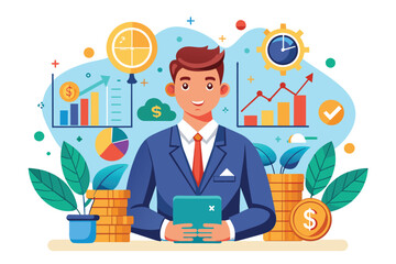 Poster - A stock investment entrepreneur reviews financial data using a tablet while surrounded by charts and plants Stock investment entrepreneur management strategy, simplified illustration.
