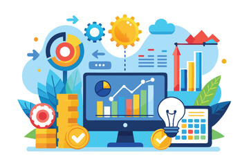 Poster - Visual representation of stock market analysis with graphs, currency symbols, and data insights in bright colors Stock market analysis concept illustrated in a flat style.