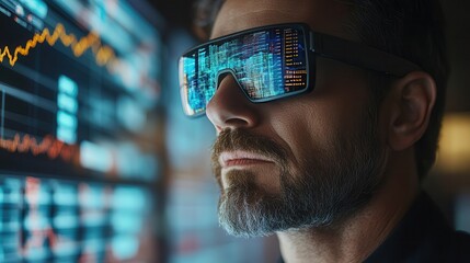 Fototapete - A man with a beard wears futuristic glasses displaying digital data, set against a backdrop of graphs and charts.