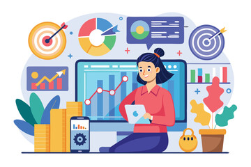 Poster - A financial analyst examines stock market trends using data charts and graphs on a computer Stock market data for target analyst trending and flat illustration.