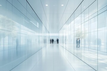 Poster - A sleek, modern corridor lined with glass walls and soft lighting, featuring silhouettes of people engaged in conversation.