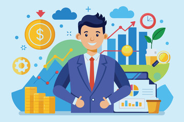 Poster - a businessman showcases his expertise in finance surrounded by growth indicators and financial icons