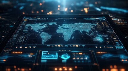 Fototapete - A futuristic digital map interface displaying a world map with glowing data points and high-tech control panels.