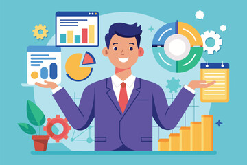 Poster - A confident leader engages with various business analytics while showcasing growth and success Successful leader with chart analysis, illustrated in a flat style.