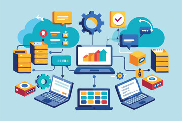 Poster - Laptops and cloud icons illustrate data synchronization concepts during a technology workshop Sync data, simple picture