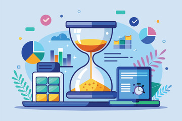 Poster - An hourglass amid productivity tools and graphics highlights data sync and efficiency Sync data with hourglass, use flat illustrations.