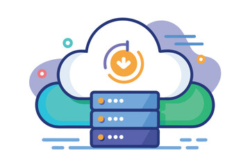 Poster - A colorful illustration depicts the cloud data syncing process with servers and a dynamic download symbol Syncing cloud data, flat illustration.