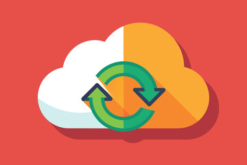 Poster - Cloud storage is depicted with arrows showing the synchronization of data between devices Syncing cloud data, flat illustration.