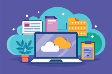 Poster - A laptop displays synced cloud storage while digital documents and a plant are arranged around it Syncing cloud data storage on a laptop with a flat illustration.