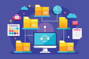 Poster - Folders are being synchronized across devices to manage big data efficiently in a digital environment Syncing folders in big data, illustrated in a flat style.