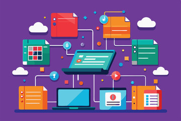 Poster - Visual representation of folder synchronization in big data, depicting devices connecting seamlessly Syncing folders in big data, illustrated in a flat style.