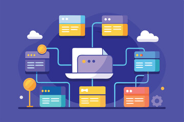 Poster - This illustration depicts the process of syncing folders across multiple data storage systems in a digital environment Syncing folders in big data, illustrated in a flat style.
