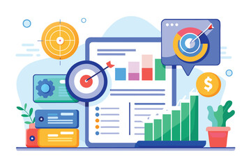 Poster - a flat illustration depicting a digital workspace with charts, targets, and growth indicators for da