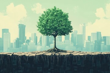 Poster - A vibrant tree stands alone against a city skyline, symbolizing nature's resilience amid urbanization and environmental challenges.