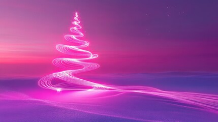 Fototapete - A luminous neon Christmas tree with flowing magenta lines, set in a tranquil pastel-colored environment.