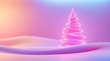 Fototapete - A luminous neon Christmas tree with flowing magenta lines, set in a tranquil pastel-colored environment.